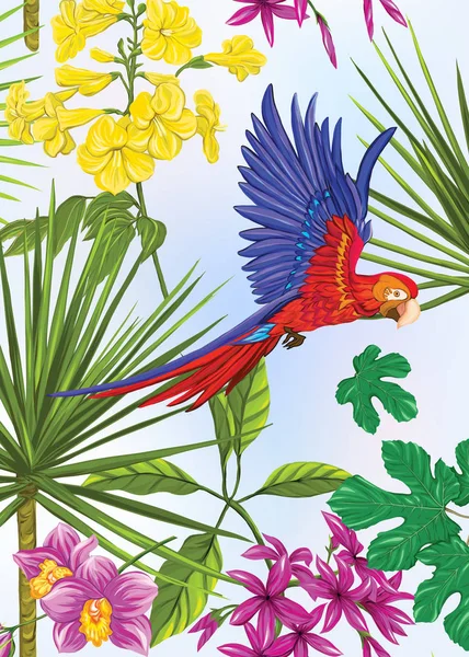 Fondo con plantas tropicales, flores, aves — Vector de stock