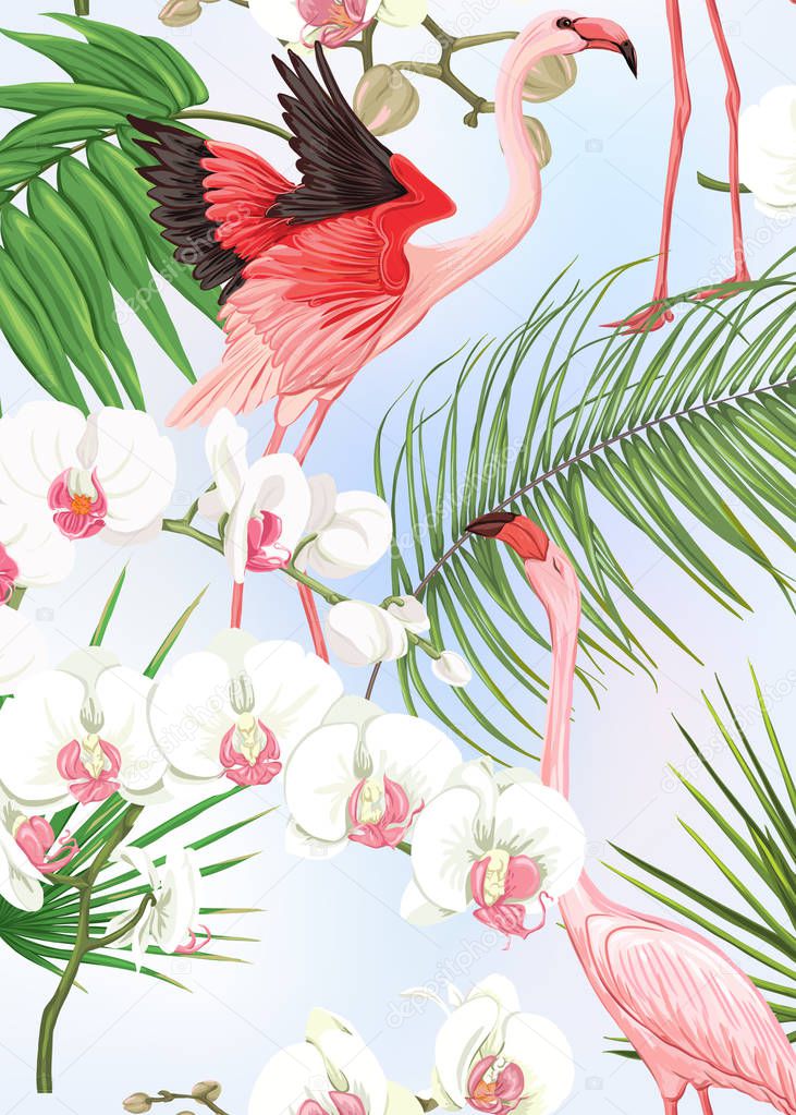 Background with tropical plants, flowers, birds 