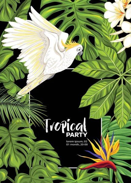 Fondo con plantas tropicales, flores, aves — Vector de stock