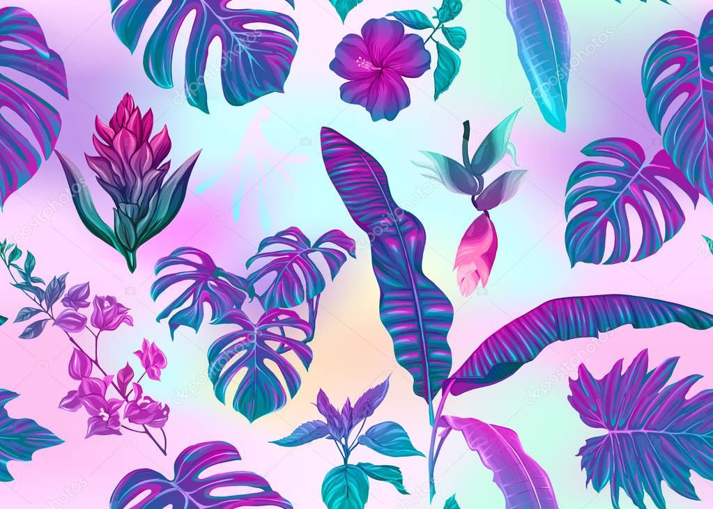 Seamless Pattern Background With Tropical Plants Flowers Colored Vector Illustration In Neon Fluorescent Colors In Light Ultra Violet Pastel Colors On Mesh Pink Blue Background Premium Vector In Adobe Illustrator Ai