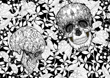 İnsan kafatasları ve çiçekleri ile Dikişsiz Desen.