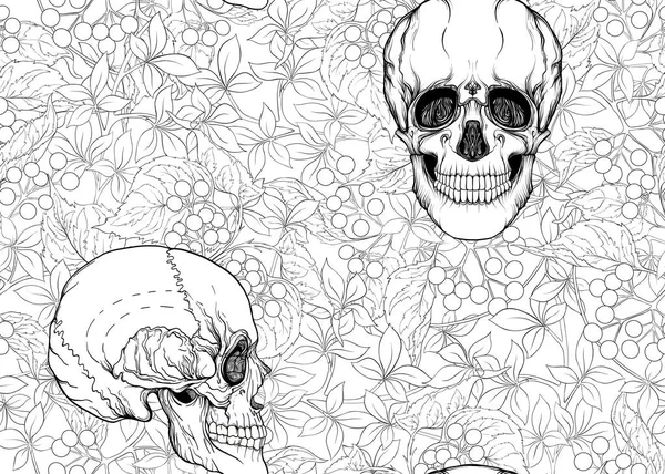 Nahtloses Muster mit menschlichen Schädeln und Blumen. — Stockvektor