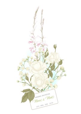 Gül ve bahar çiçekleri ile düğün davetiyesi.