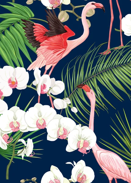 Fondo con plantas tropicales, flores, aves — Vector de stock