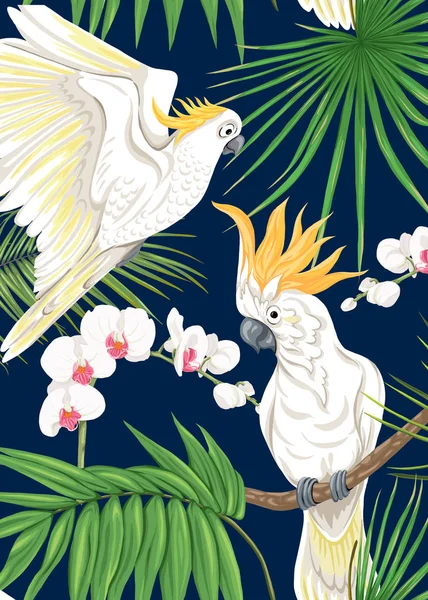 Bakgrund med tropiska växter, blommor, fåglar — Stock vektor