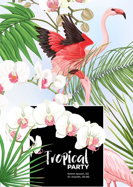 Arrière-plan avec plantes tropicales, fleurs, oiseaux — Image vectorielle