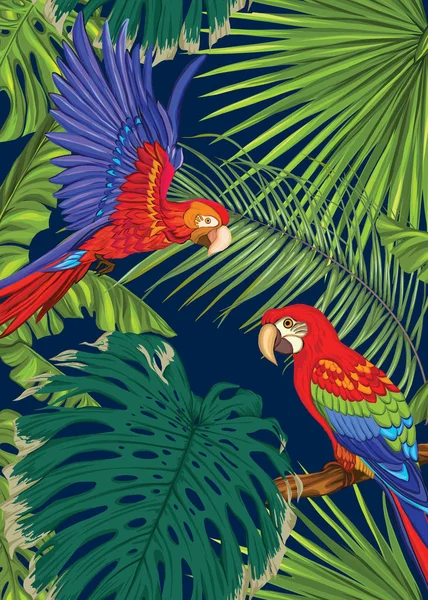 Fondo con plantas tropicales, flores, aves — Archivo Imágenes Vectoriales