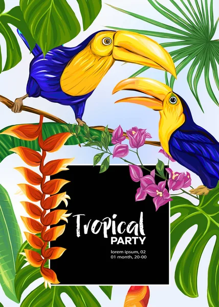 Arrière-plan avec plantes tropicales, fleurs, oiseaux — Image vectorielle