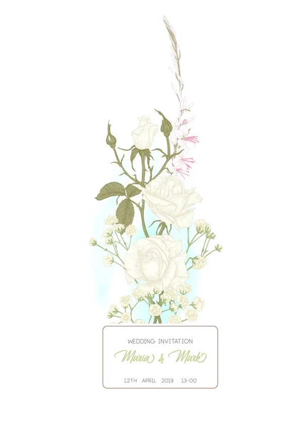 Invitation de mariage avec roses et fleurs de printemps . — Image vectorielle