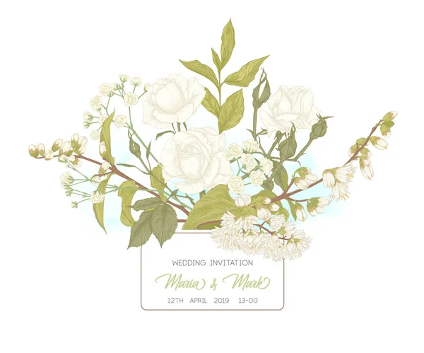 Invitation de mariage avec roses et fleurs de printemps . — Image vectorielle