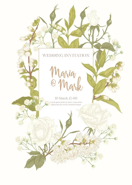 Invitation de mariage avec roses et fleurs de printemps . — Image vectorielle