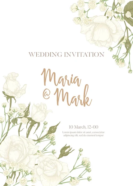 Wedding invitation with roses and spring flowers.