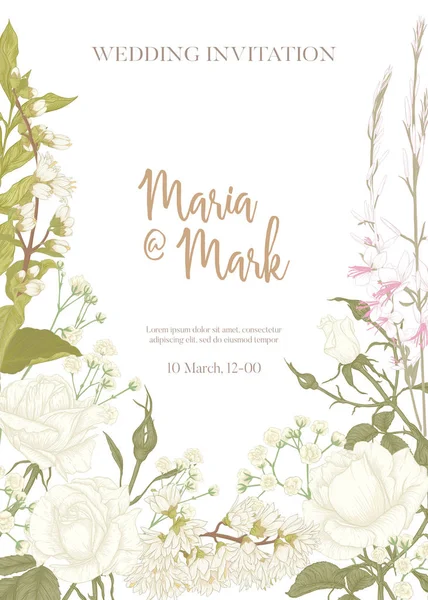 Invitation de mariage avec roses et fleurs de printemps . — Photo