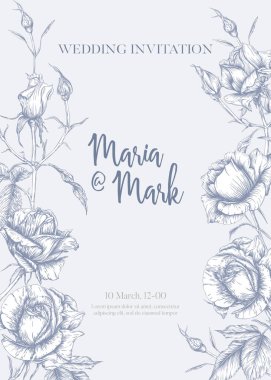 Gül ve bahar çiçekleri ile düğün davetiyesi.