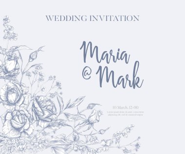 Gül ve bahar çiçekleri ile düğün davetiyesi.