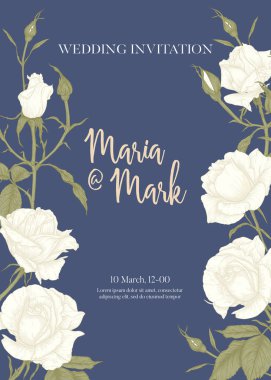 Gül ve bahar çiçekleri ile düğün davetiyesi.
