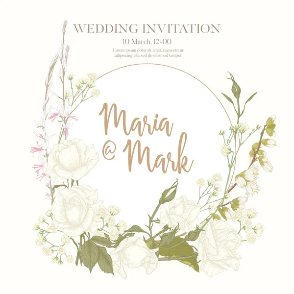 Invitación de boda con rosas y flores de primavera . — Archivo Imágenes Vectoriales