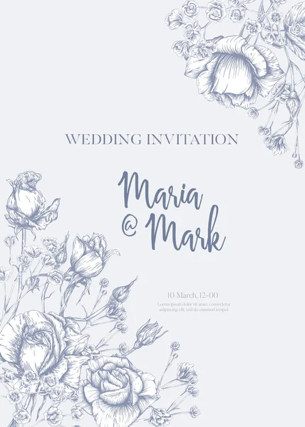 Wedding invitation with roses and spring flowers. — Stock Vector