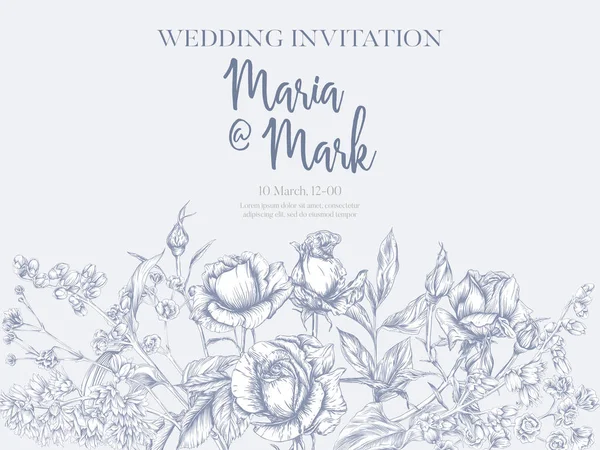 Invitación de boda con rosas y flores de primavera . — Archivo Imágenes Vectoriales