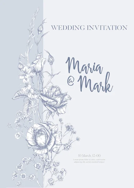 Invitation de mariage avec roses et fleurs de printemps . — Image vectorielle