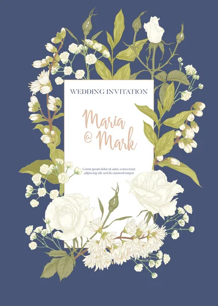 Wedding invitation with roses and spring flowers. — Stock Vector