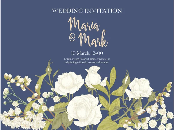 Invitación de boda con rosas y flores de primavera . — Vector de stock