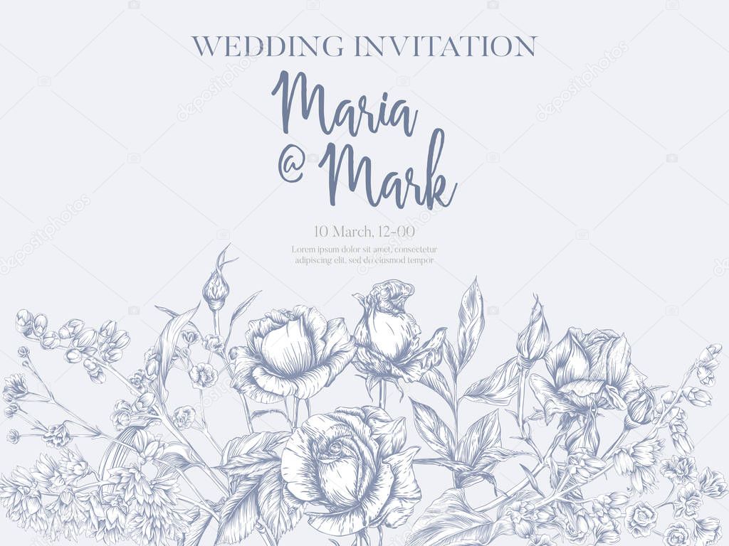 Wedding invitation with roses and spring flowers.