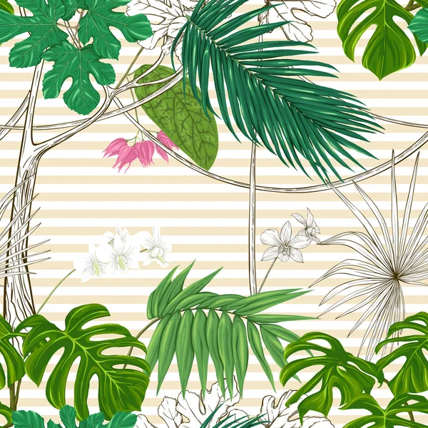 シームレスなパターン、背景。熱帯植物と — ストックベクタ