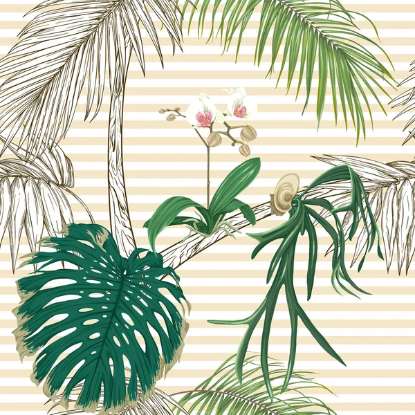 シームレスなパターン、背景。熱帯植物と — ストックベクタ