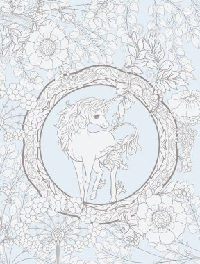 Unicorn ve fantastik vintage çiçekler.