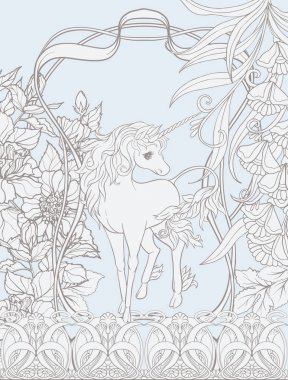 Unicorn ve fantastik vintage çiçekler.