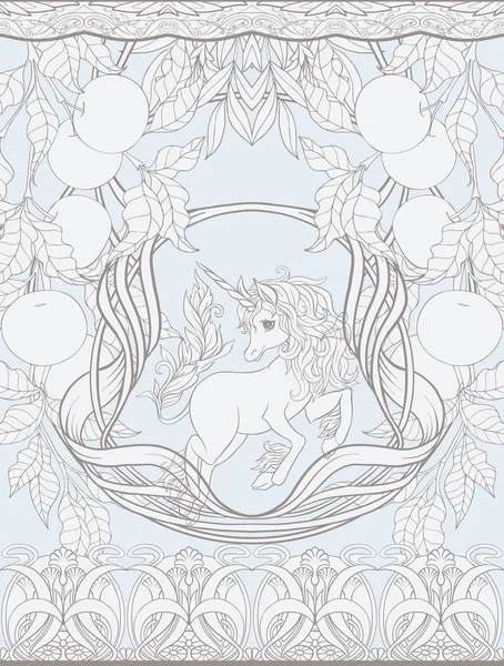 Unicornio y fantásticas flores vintage . — Vector de stock