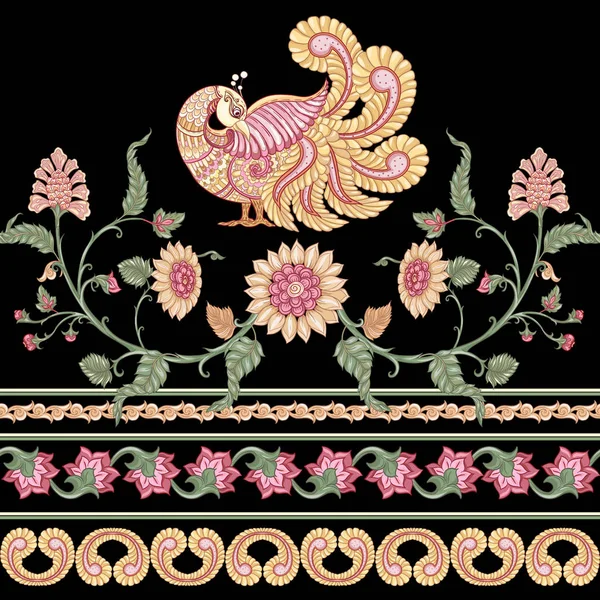 Nahtlose indische florale ethnische Muster mit Vogel. — Stockvektor