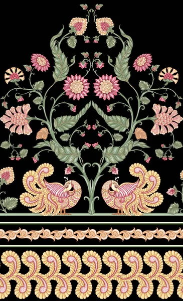 Inconsútil patrón étnico floral indio con pájaro . — Archivo Imágenes Vectoriales