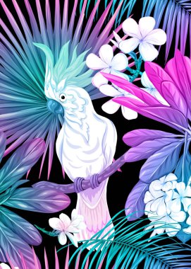 Tropikal bitkiler, çiçekler, kuşlar ile arka plan 