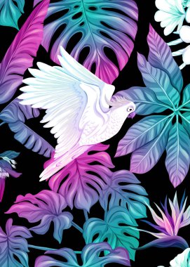 Tropikal bitkiler, çiçekler, kuşlar ile arka plan 