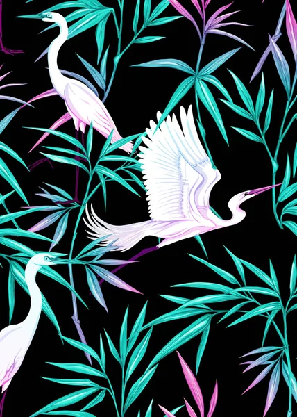 Hintergrund mit tropischen Pflanzen, Blumen, Vögeln — Stockvektor