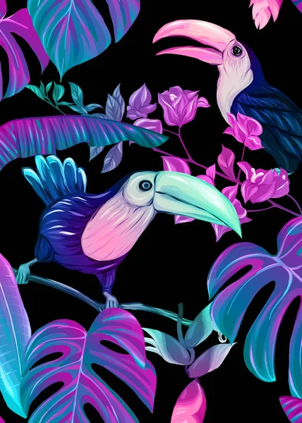 Background with tropical plants, flowers, birds