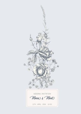 Gül ve bahar çiçekleri ile düğün davetiyesi.