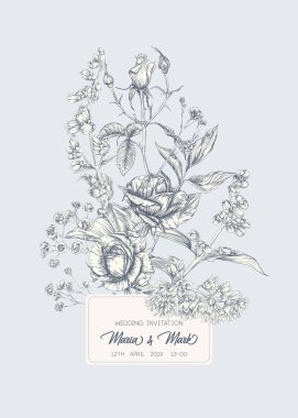 Gül ve bahar çiçekleri ile düğün davetiyesi.