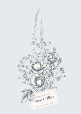 Gül ve bahar çiçekleri ile düğün davetiyesi.