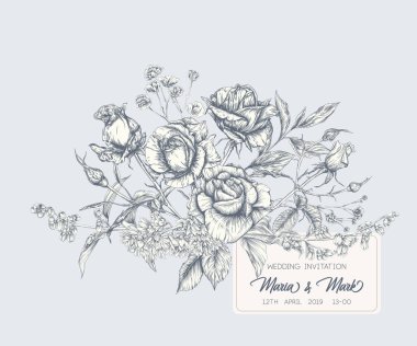 Gül ve bahar çiçekleri ile düğün davetiyesi.