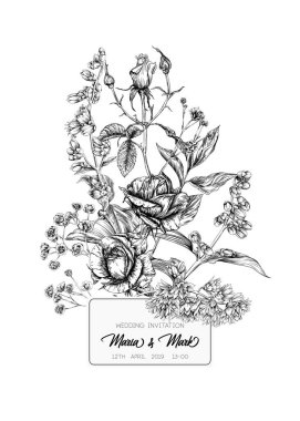 Gül ve bahar çiçekleri ile düğün davetiyesi.