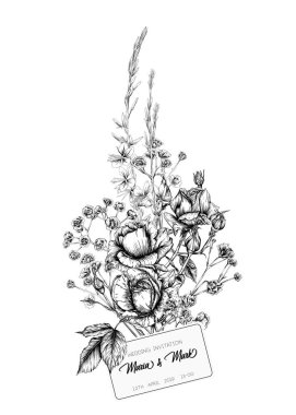 Gül ve bahar çiçekleri ile düğün davetiyesi.