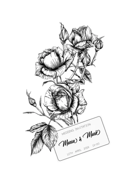 Convite de casamento com rosas e flores da primavera . — Vetor de Stock
