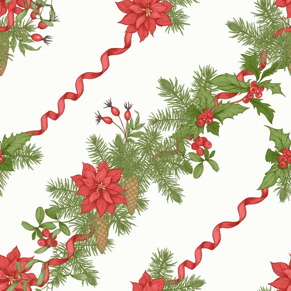 Corona de Navidad de abeto, pino y poinsettia . — Vector de stock