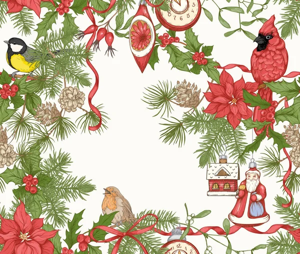 Grinalda de Natal de abeto, pinheiro e poinsettia . — Vetor de Stock