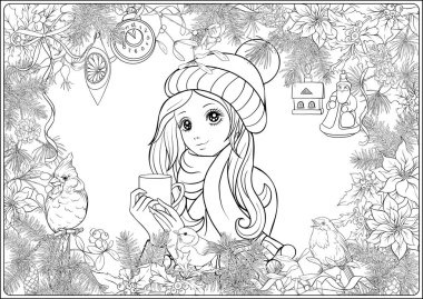 Noel çelengi ve şapkalı güzel genç kız..