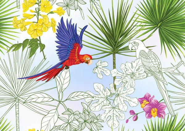 Tropische planten en bloemen en vogels. Naadloos patroon — Stockvector