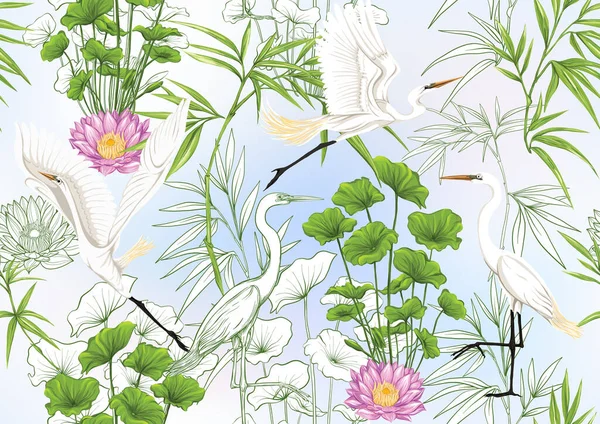 Plantes tropicales, fleurs et oiseaux. Modèle sans couture — Image vectorielle